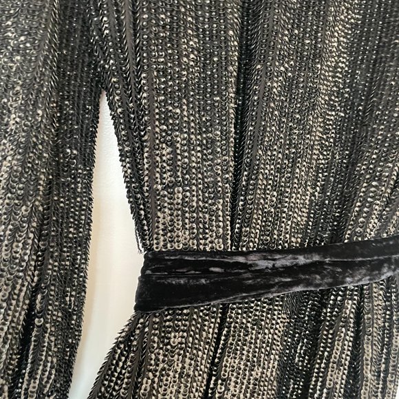 Retrofete Audrey Robe Dress Shiny Black Blue Sequins Wrap Style Midi Dress - Picture 16 of 16